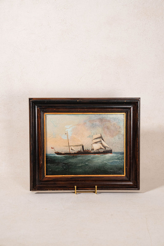 Antique Oil on Canvas British Steamship Painting in Oak Frame