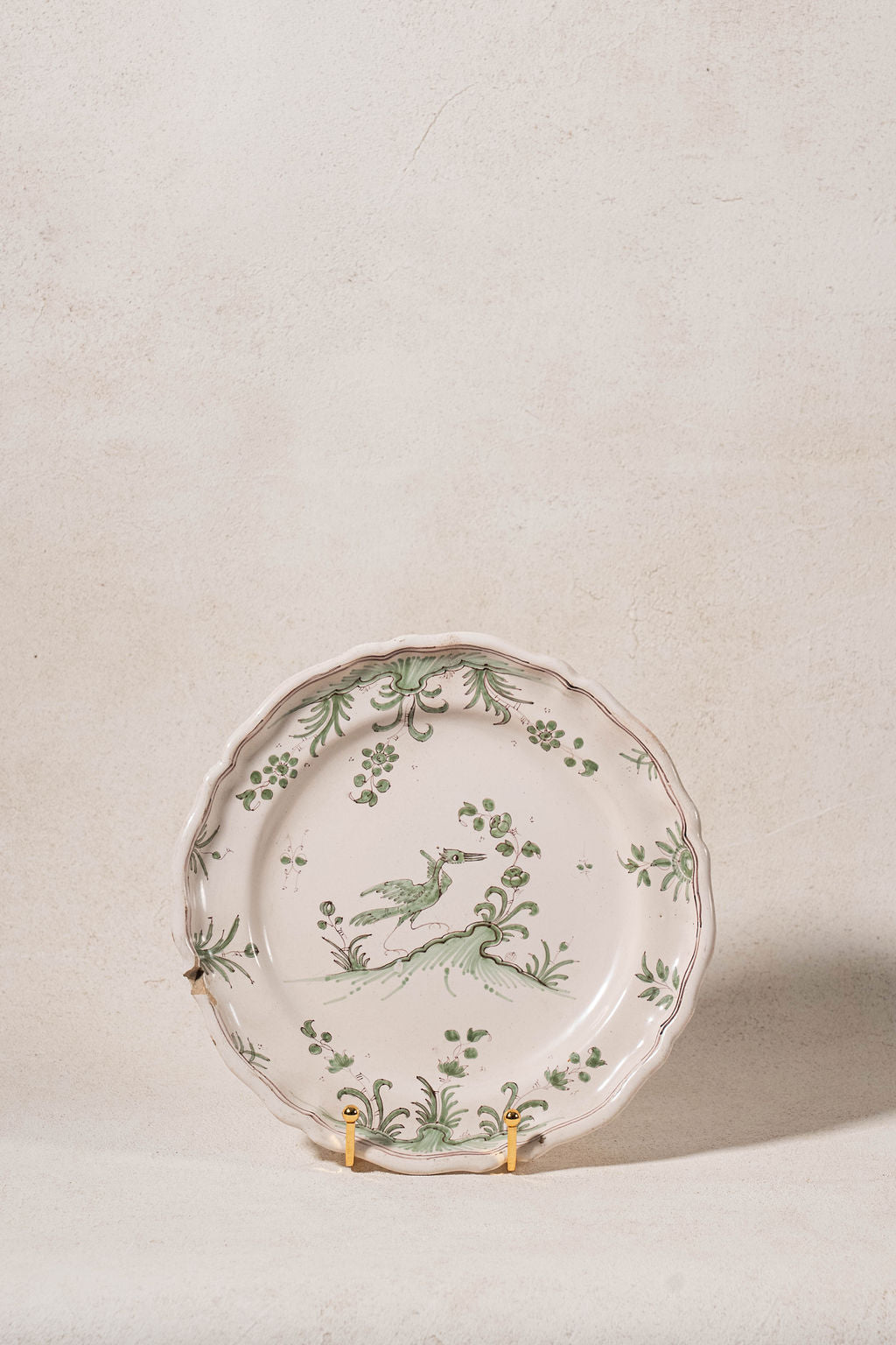 18th Century French Moustiers Green Plate with Bird