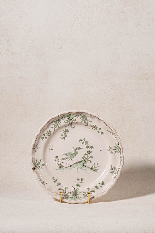 18th Century French Moustiers Green Plate with Bird