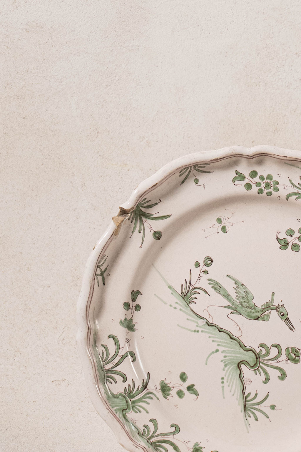 18th Century French Moustiers Green Plate with Bird
