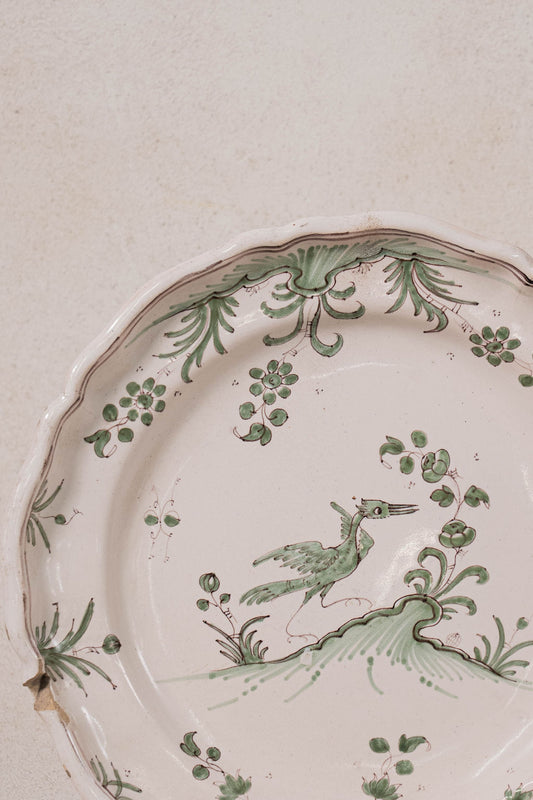 18th Century French Moustiers Green Plate with Bird