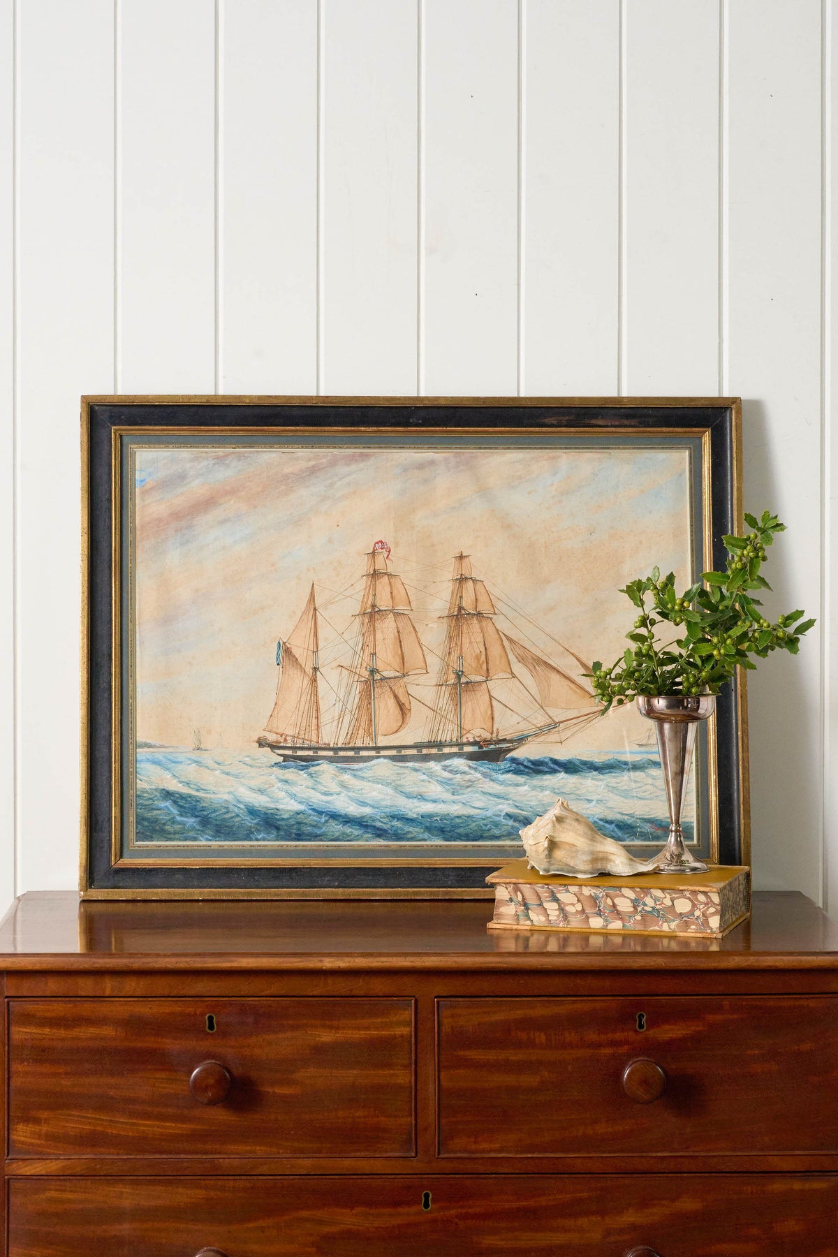 19th Century French Ship Framed Original Watercolor (c. 1854)