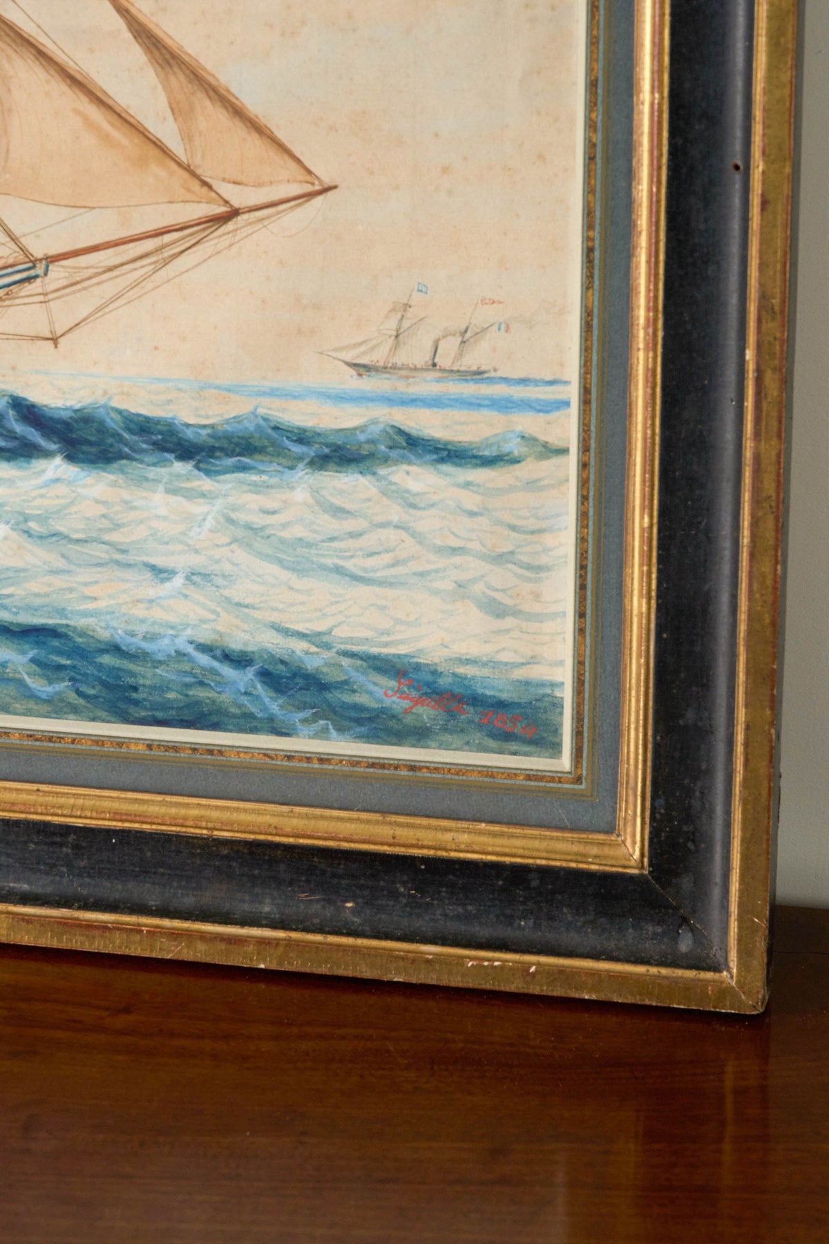 19th Century French Ship Framed Original Watercolor (c. 1854)