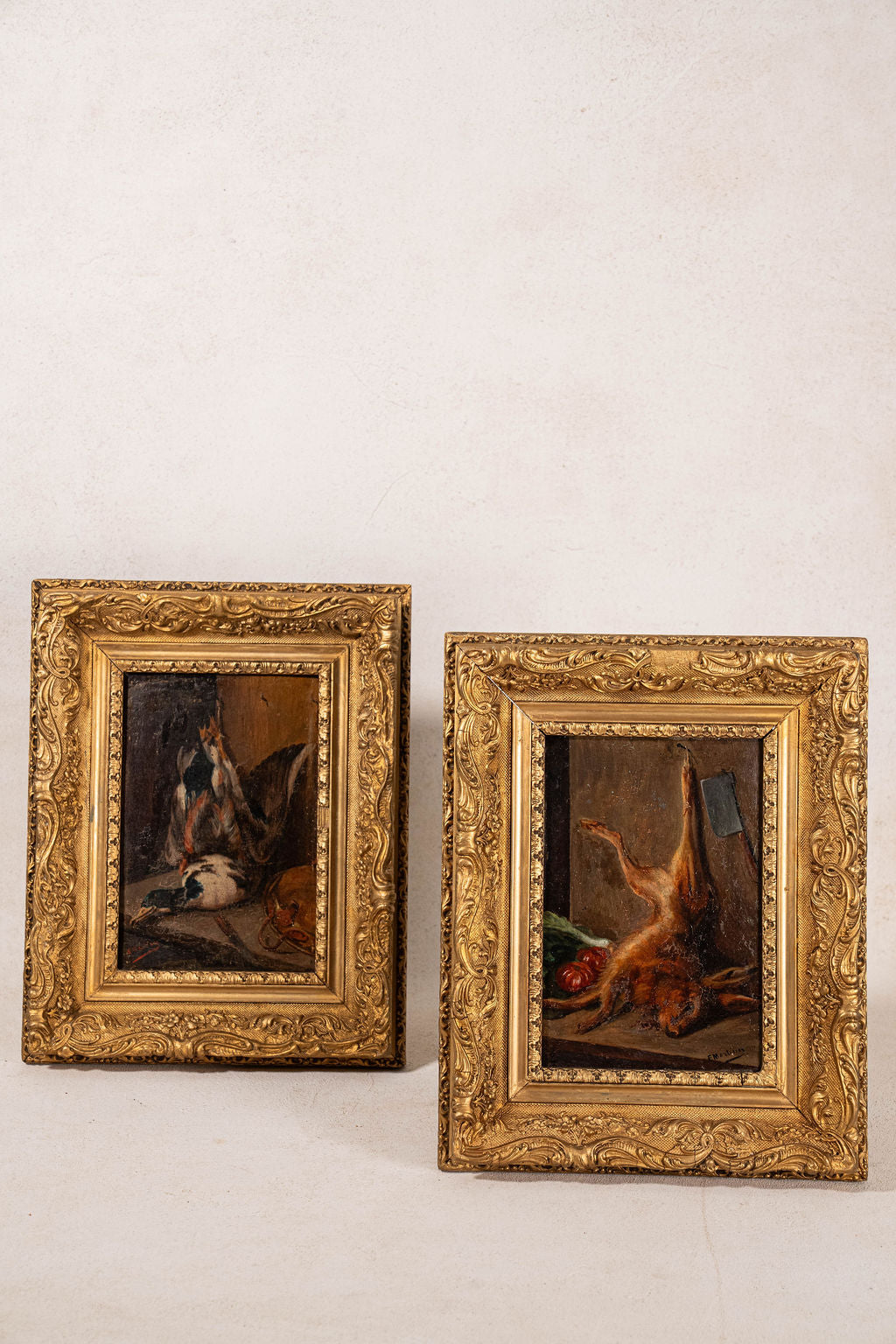 PAIR of Antique French Game Oil Paintings in Original Giltwood Frames