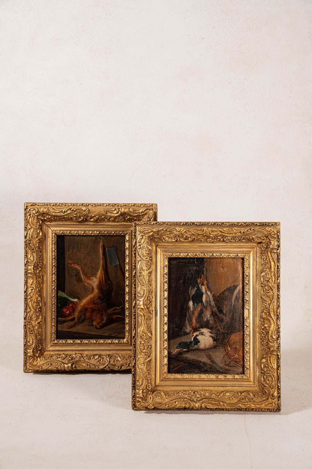 PAIR of Antique French Game Oil Paintings in Original Giltwood Frames