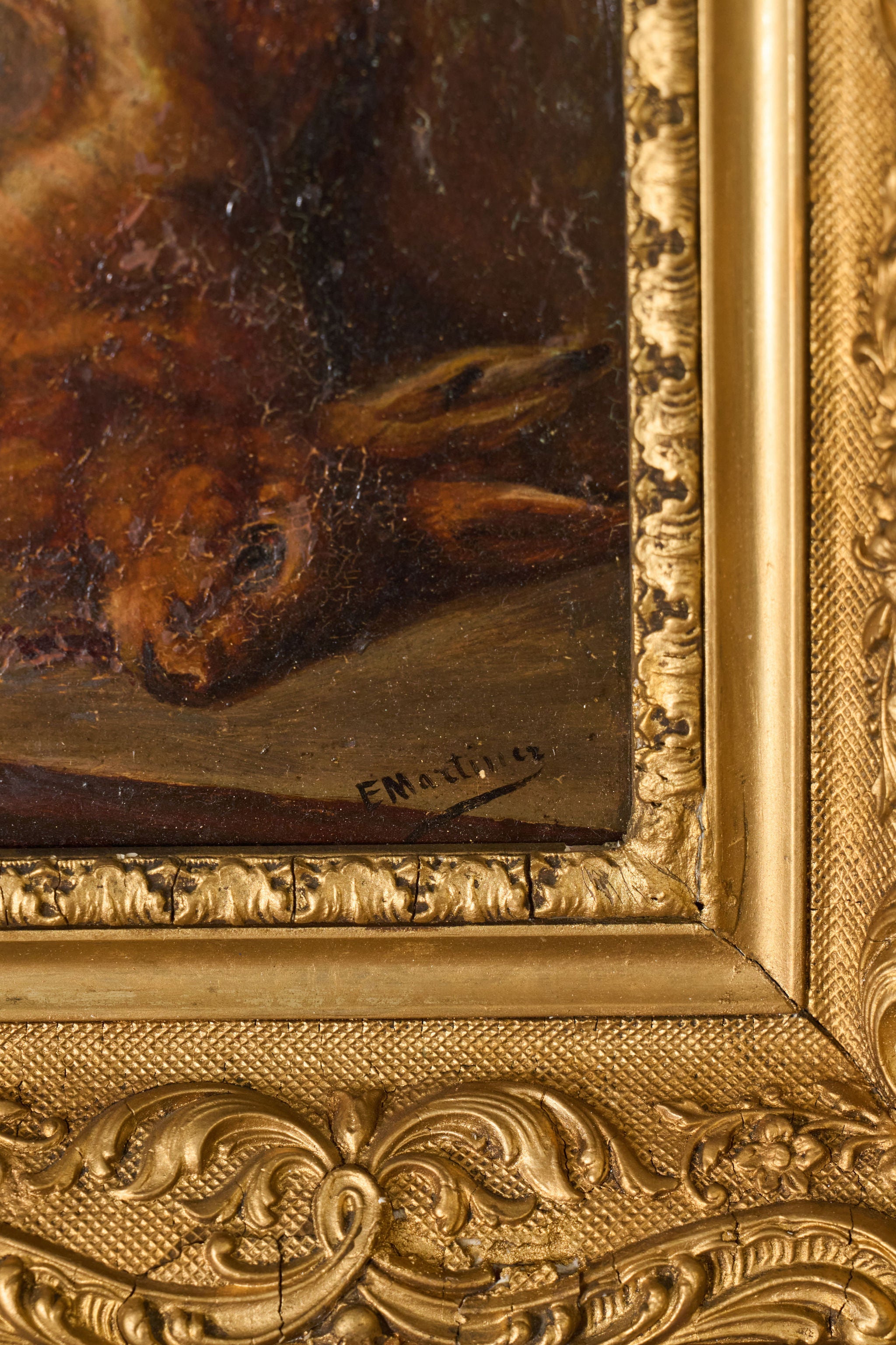 PAIR of Antique French Game Oil Paintings in Original Giltwood Frames
