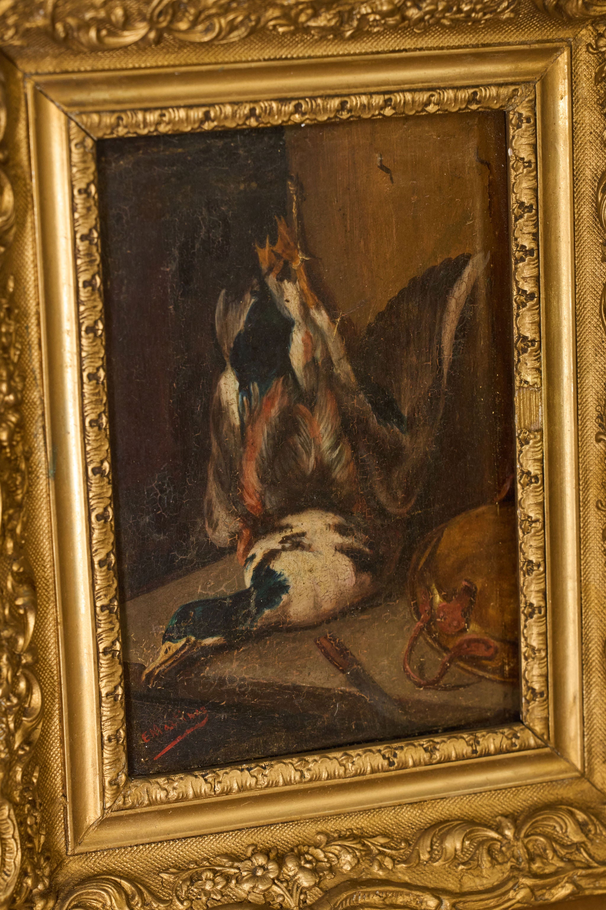 PAIR of Antique French Game Oil Paintings in Original Giltwood Frames