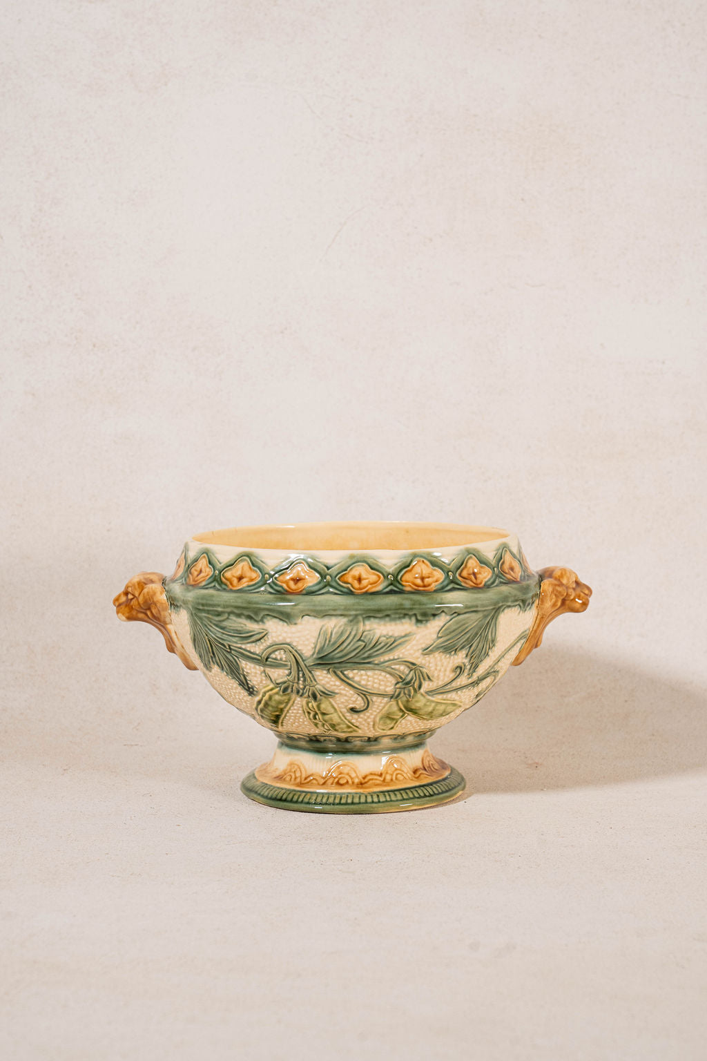 19th Century Belgian Yellow + Green Majolica Compote (c. 1900)