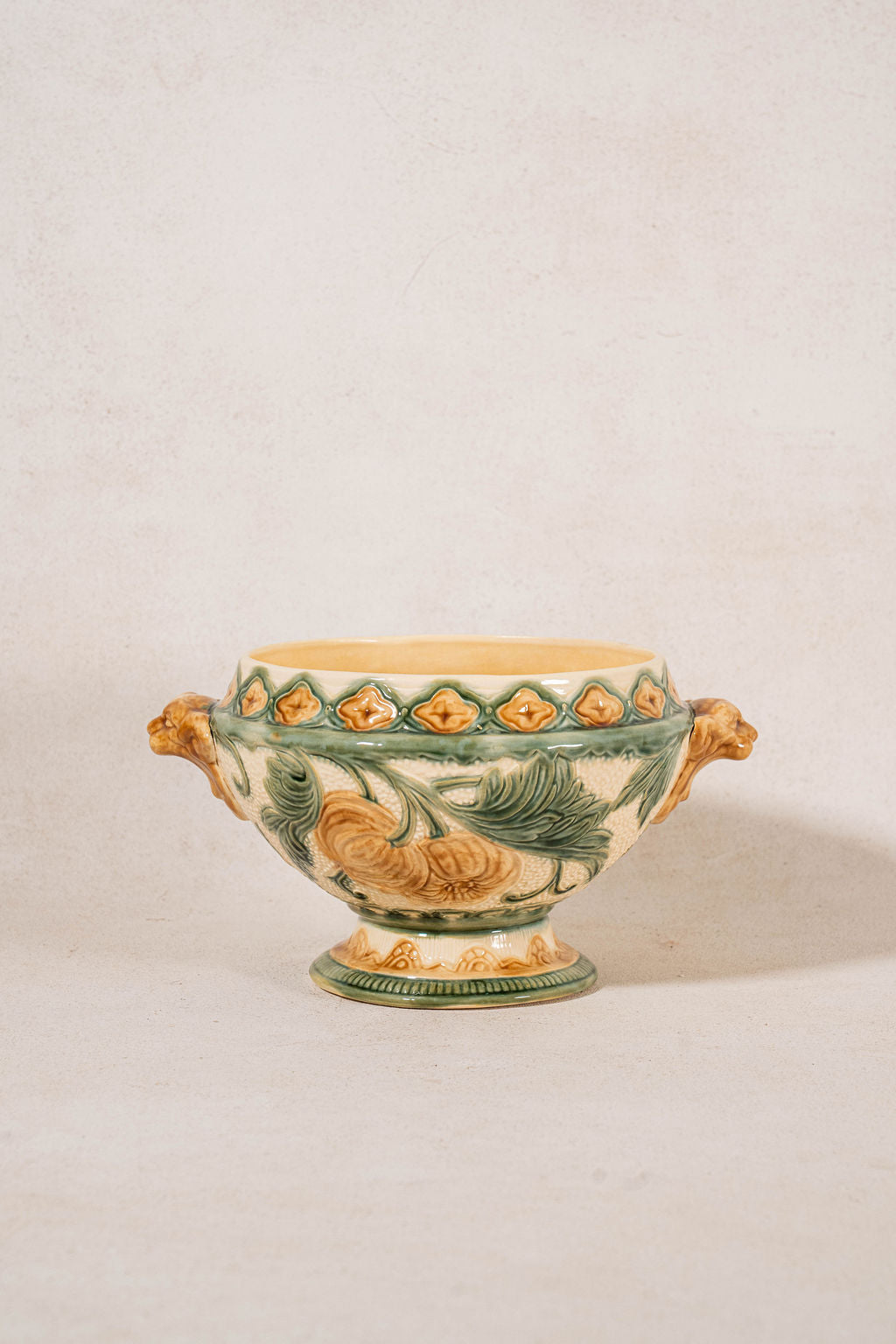 19th Century Belgian Yellow + Green Majolica Compote (c. 1900)