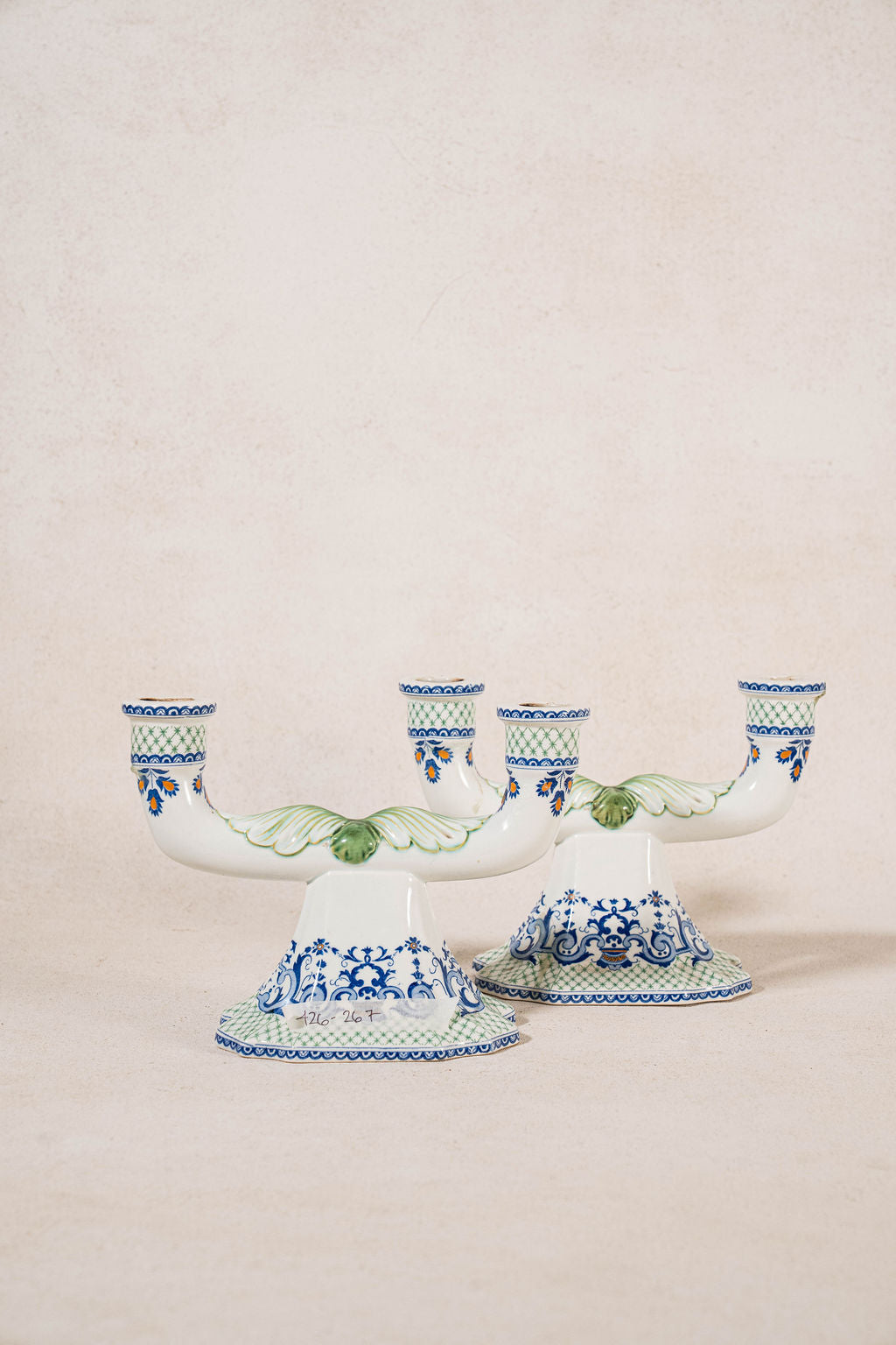 PAIR of 2-Arm French Handpainted Porcelain Candlesticks by Gien