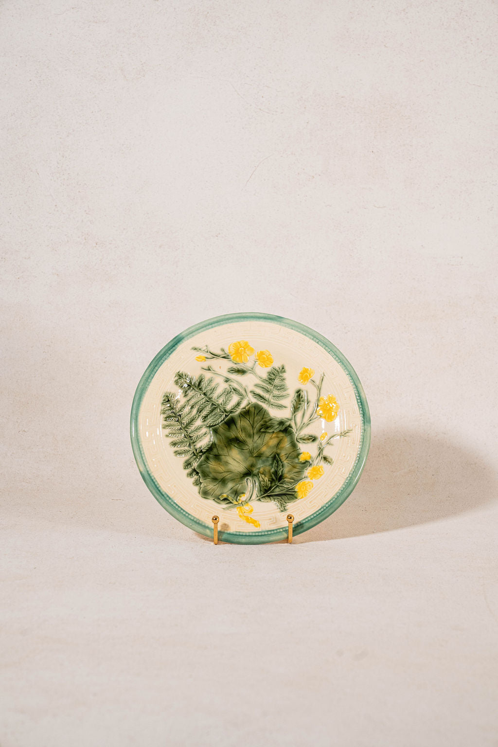Vintage French Green & Yellow Majolica Plate with Greek Key Boarder