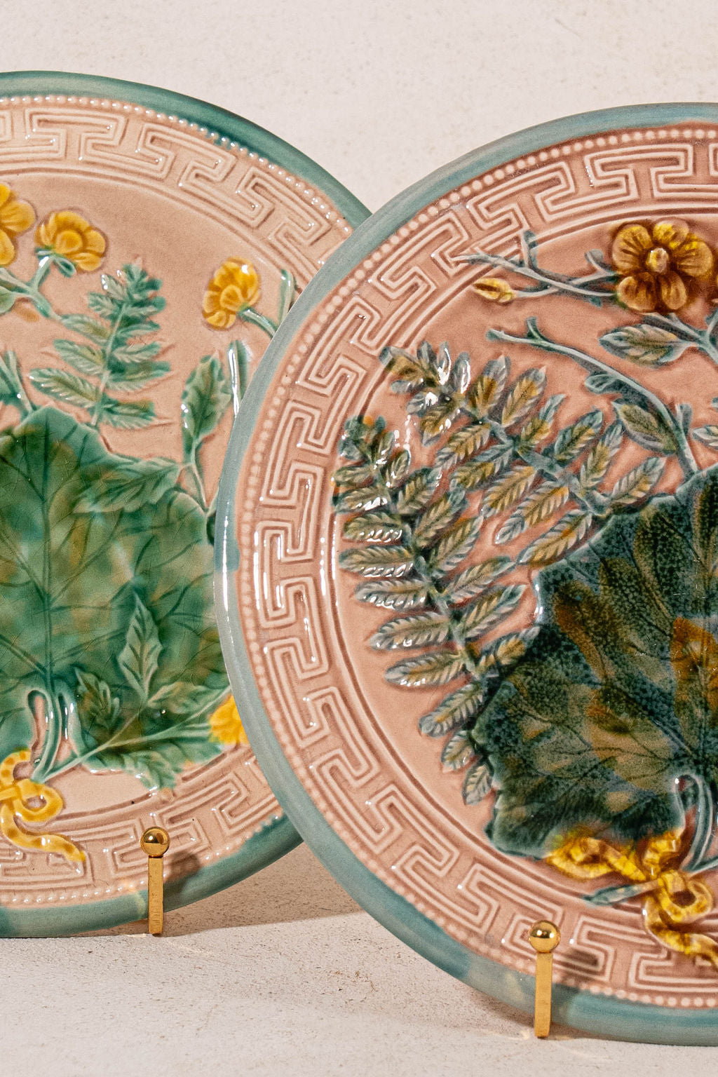 PAIR Vintage French Majolica Plates with Greek Key Border