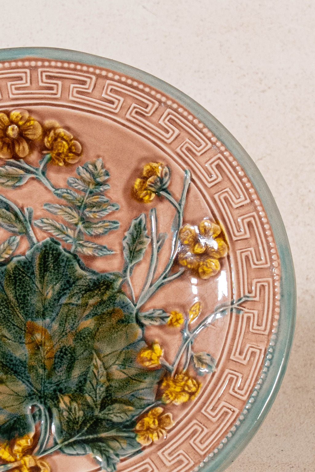 PAIR Vintage French Majolica Plates with Greek Key Border
