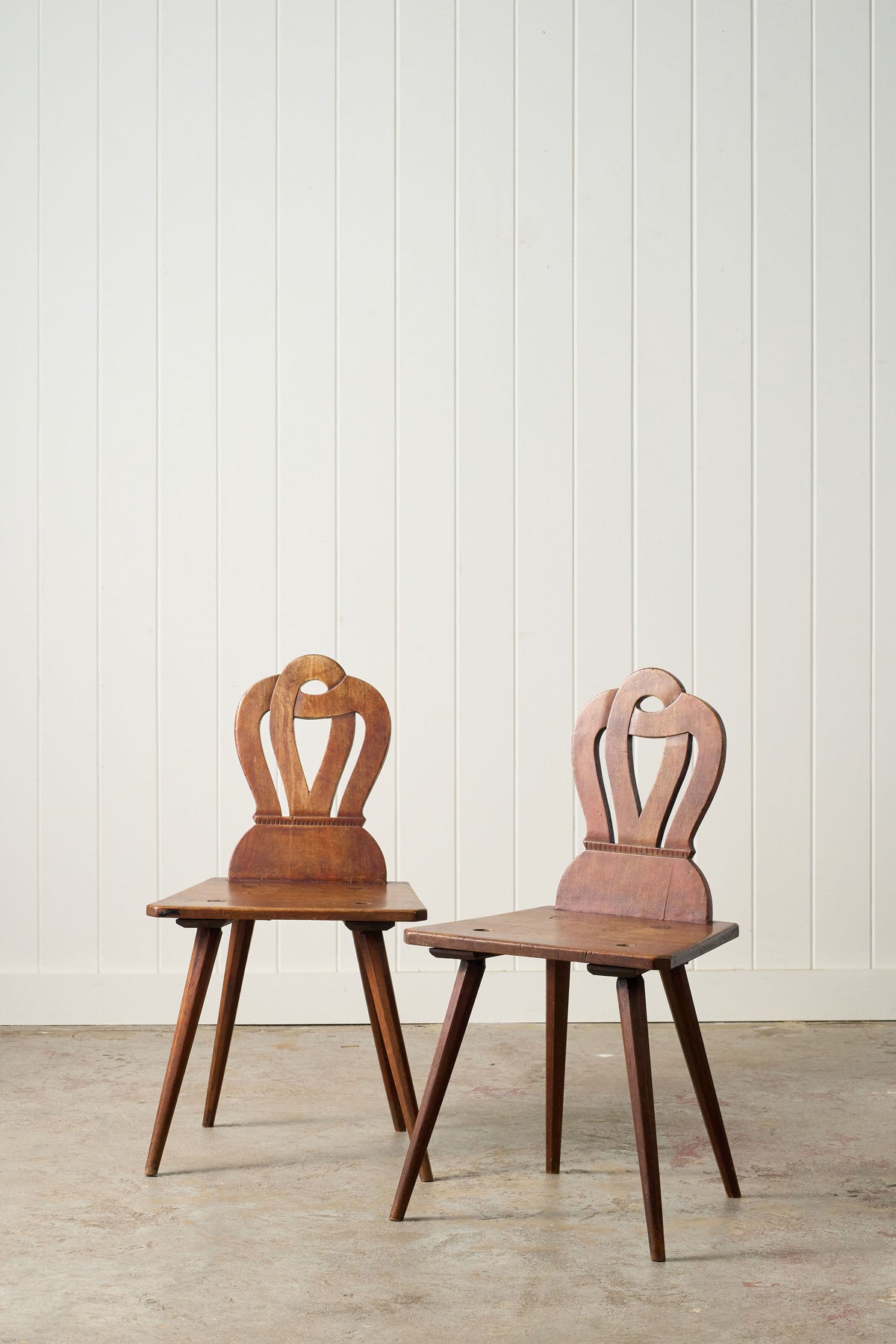 PAIR of Swiss Alpine Folk Art Carved Hall Chairs