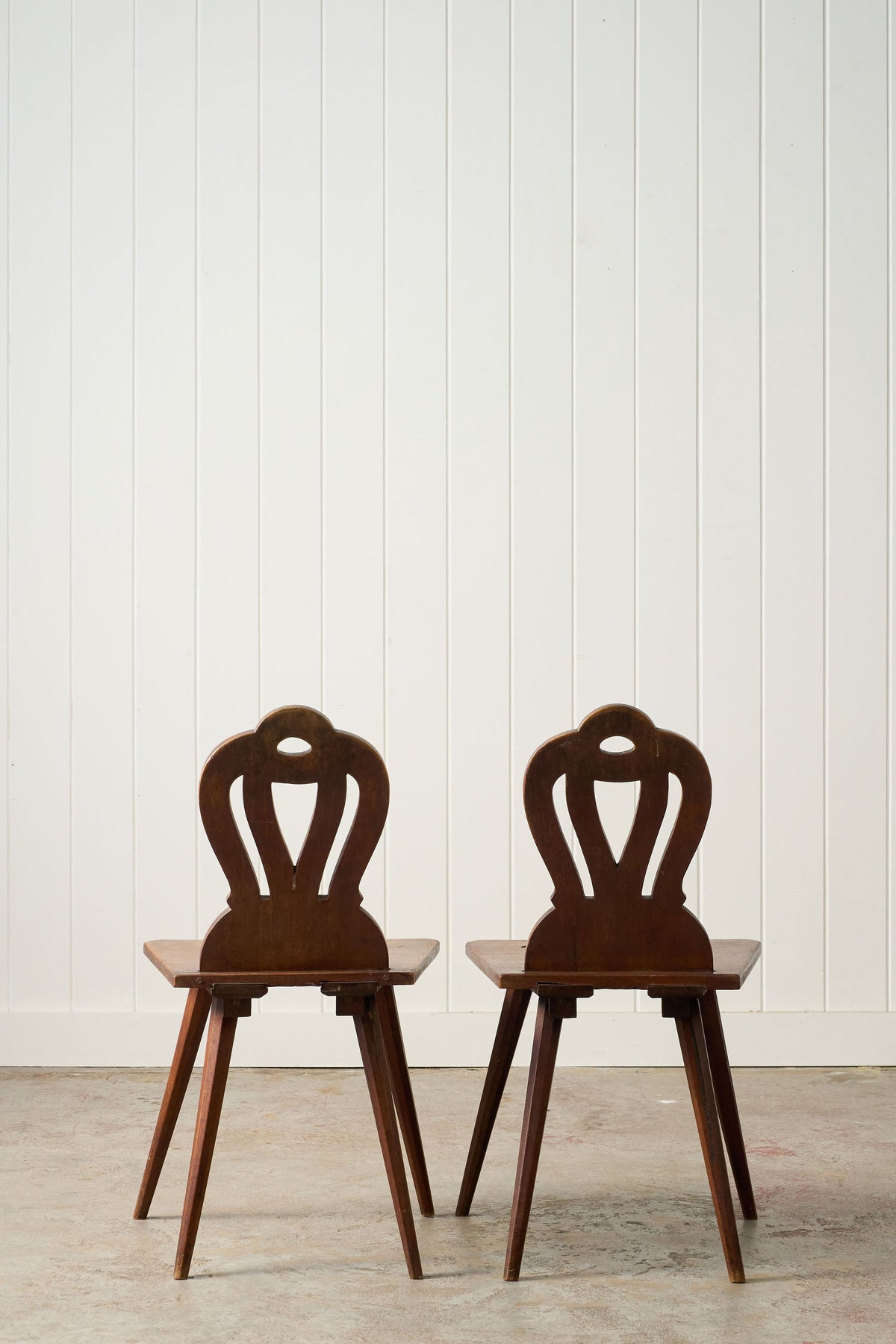 PAIR of Swiss Alpine Folk Art Carved Hall Chairs