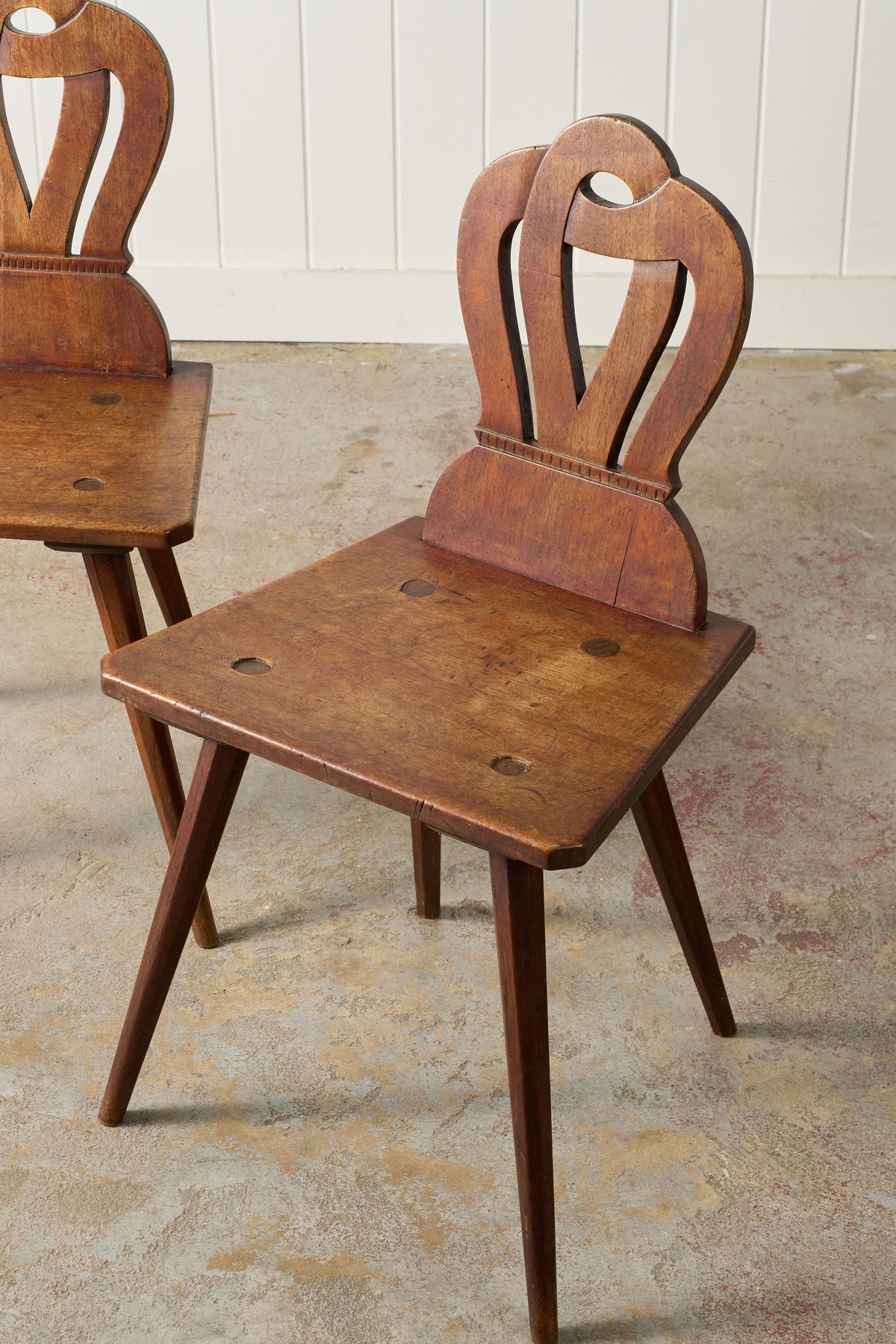 PAIR of Swiss Alpine Folk Art Carved Hall Chairs