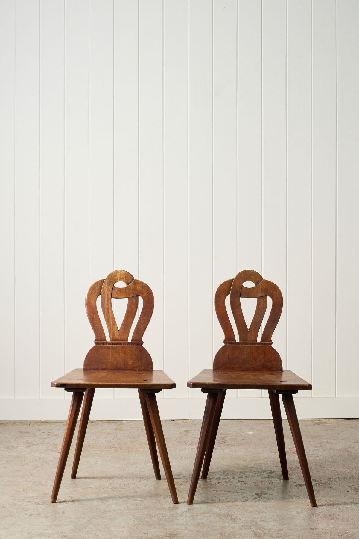 PAIR of Swiss Alpine Folk Art Carved Hall Chairs