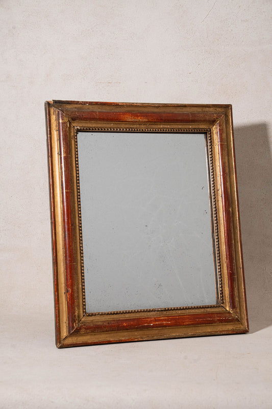 19th Century French Giltwood Mirror with Red Wash + Beaded Inner Detailing