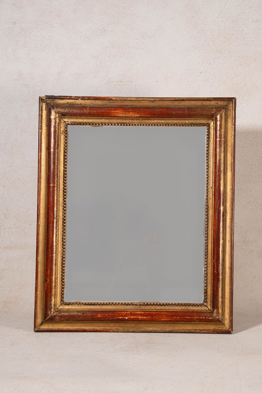 19th Century French Giltwood Mirror with Red Wash + Beaded Inner Detailing