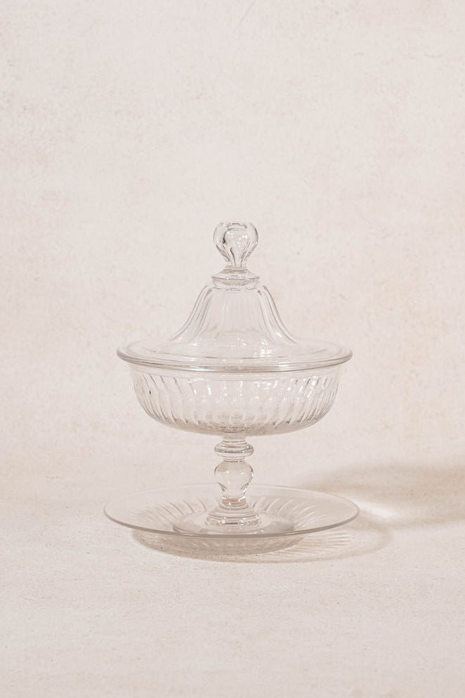 Antique Crystal Ribbed Lidded Compote with Matching Catch Plate