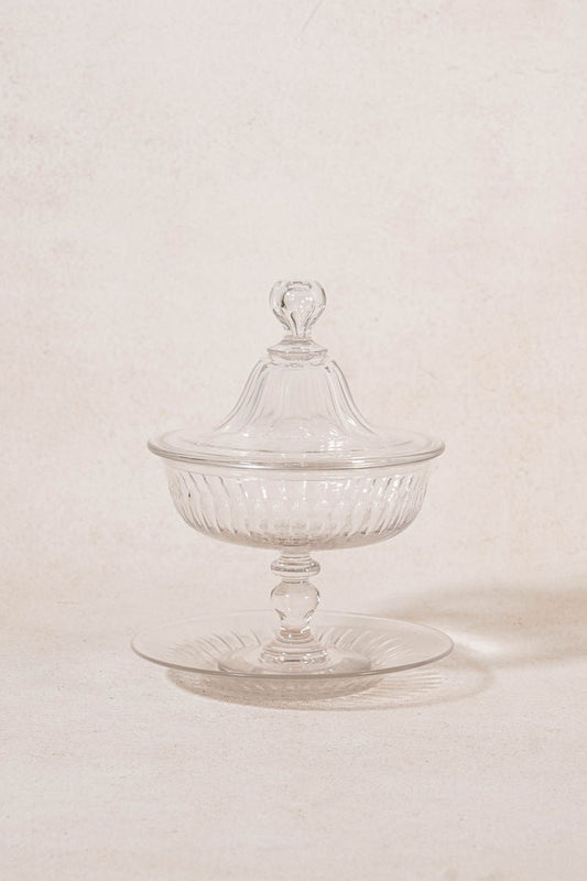 Antique Crystal Ribbed Lidded Compote with Matching Catch Plate