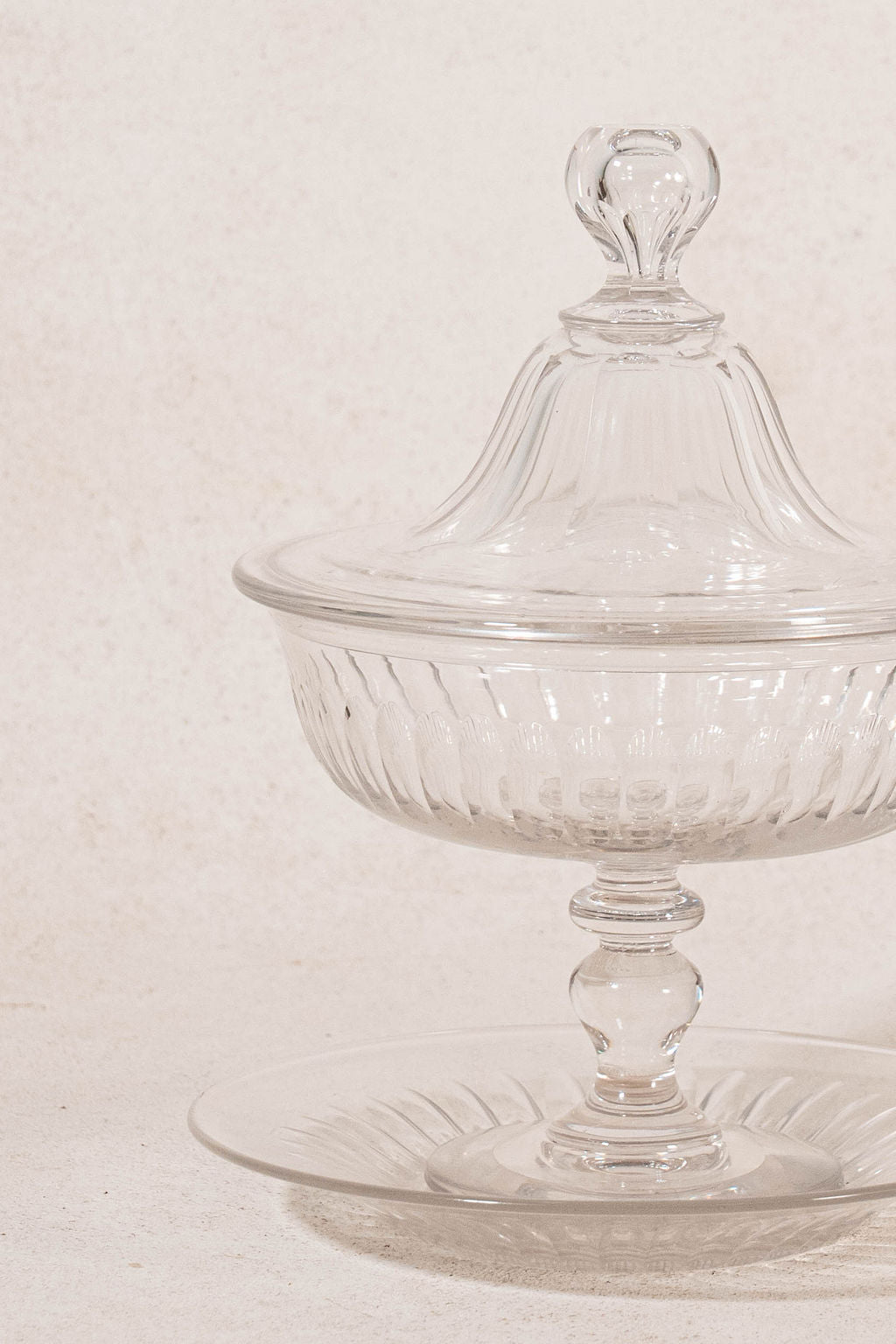Antique Crystal Ribbed Lidded Compote with Matching Catch Plate