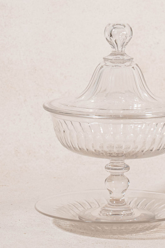 Antique Crystal Ribbed Lidded Compote with Matching Catch Plate