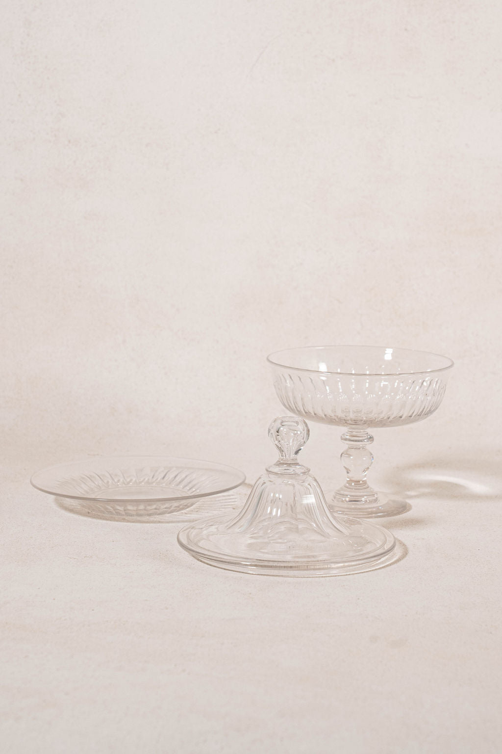 Antique Crystal Ribbed Lidded Compote with Matching Catch Plate