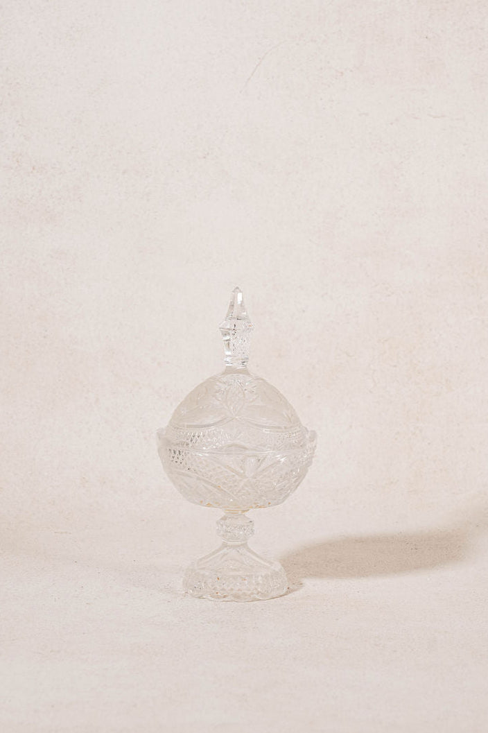Antique Crystal Lidded Scalloped Candy Jar with Floral Etching