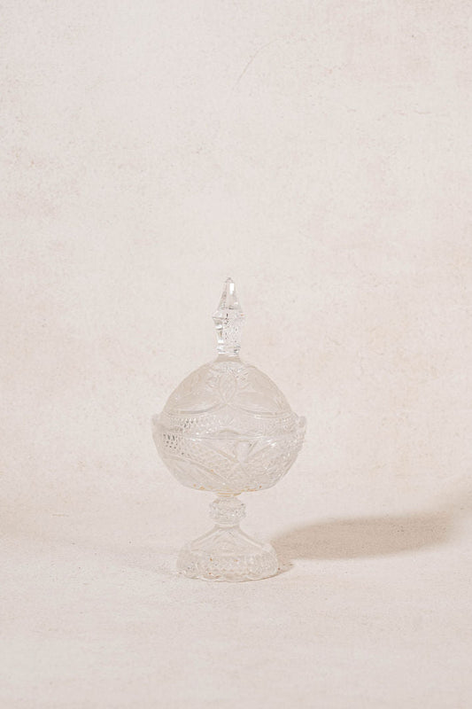 Antique Crystal Lidded Scalloped Candy Jar with Floral Etching