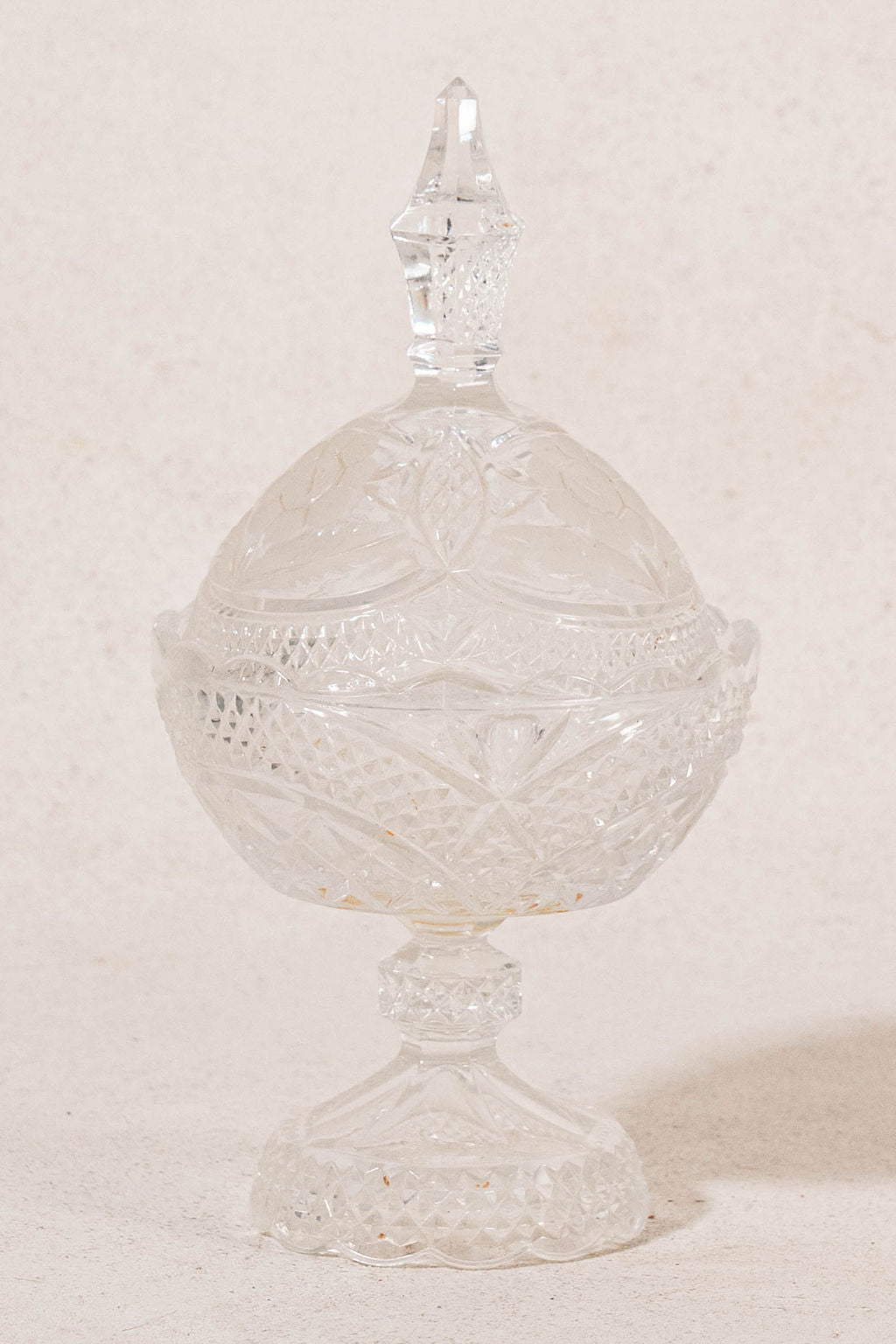 Antique Crystal Lidded Scalloped Candy Jar with Floral Etching