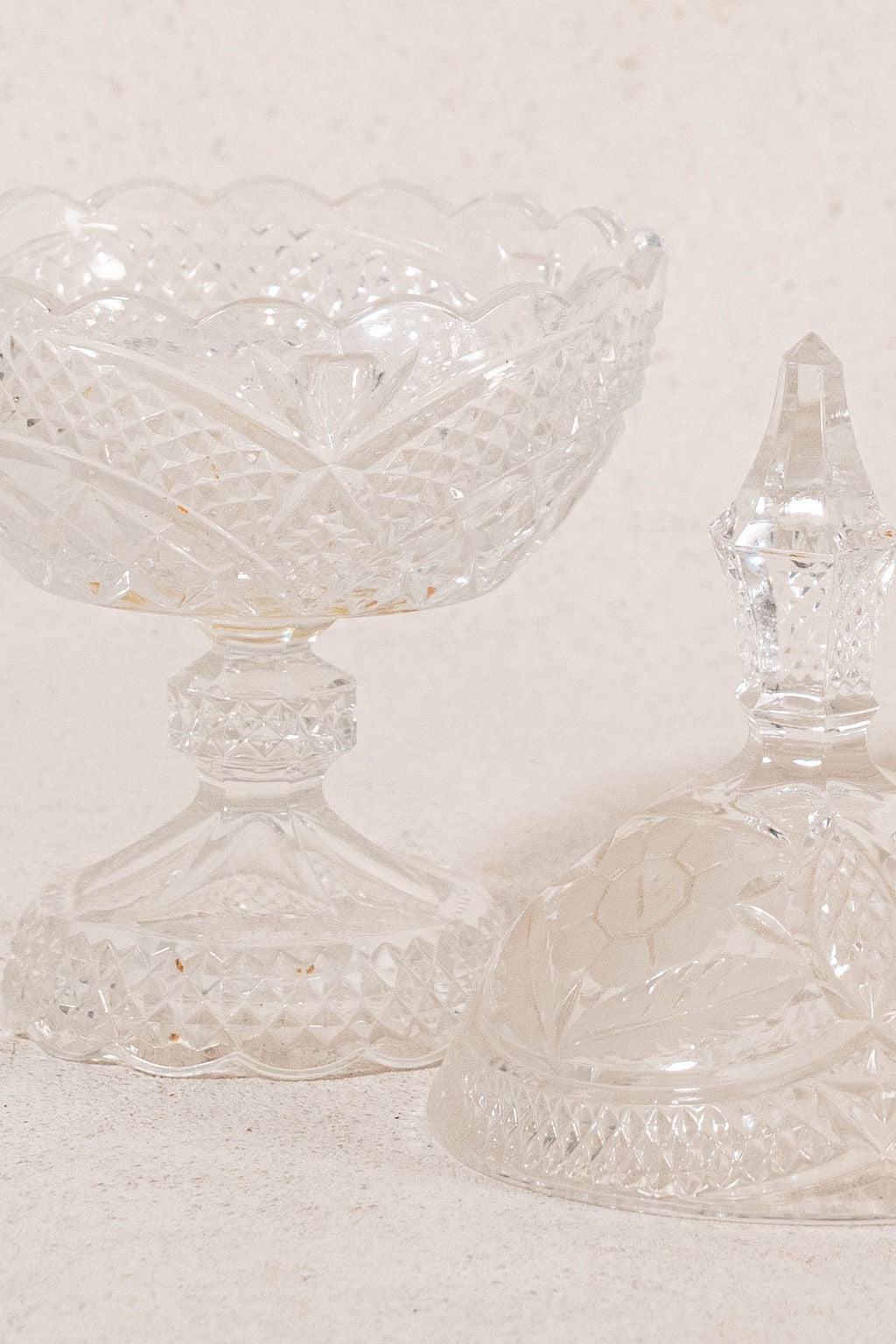 Antique Crystal Lidded Scalloped Candy Jar with Floral Etching