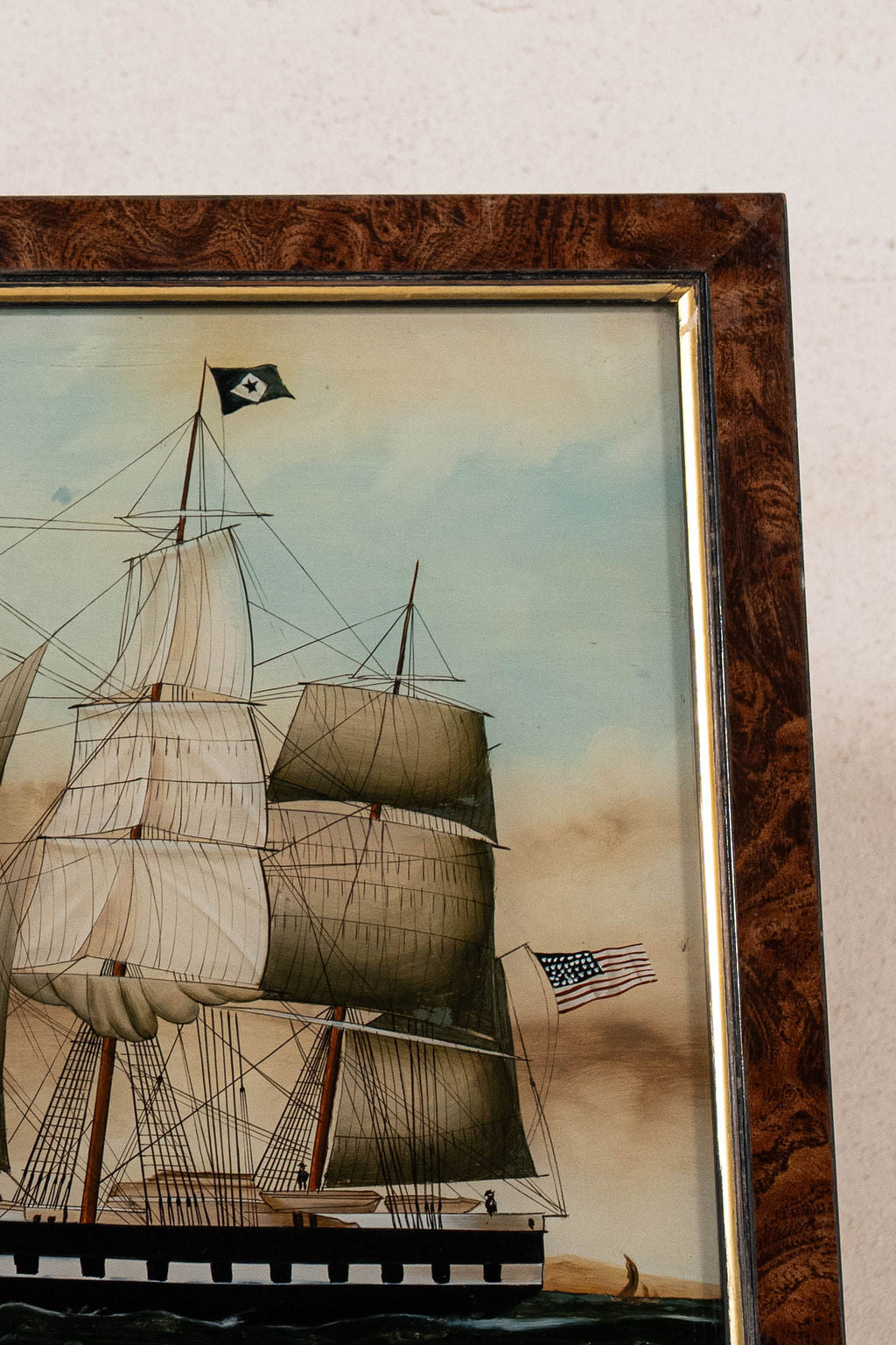 Antique Reverse Glass Ship Painting in Burl Frame