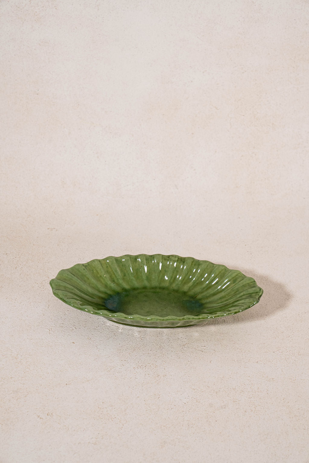 Antique Green Majolica Oblong Scalloped Dish