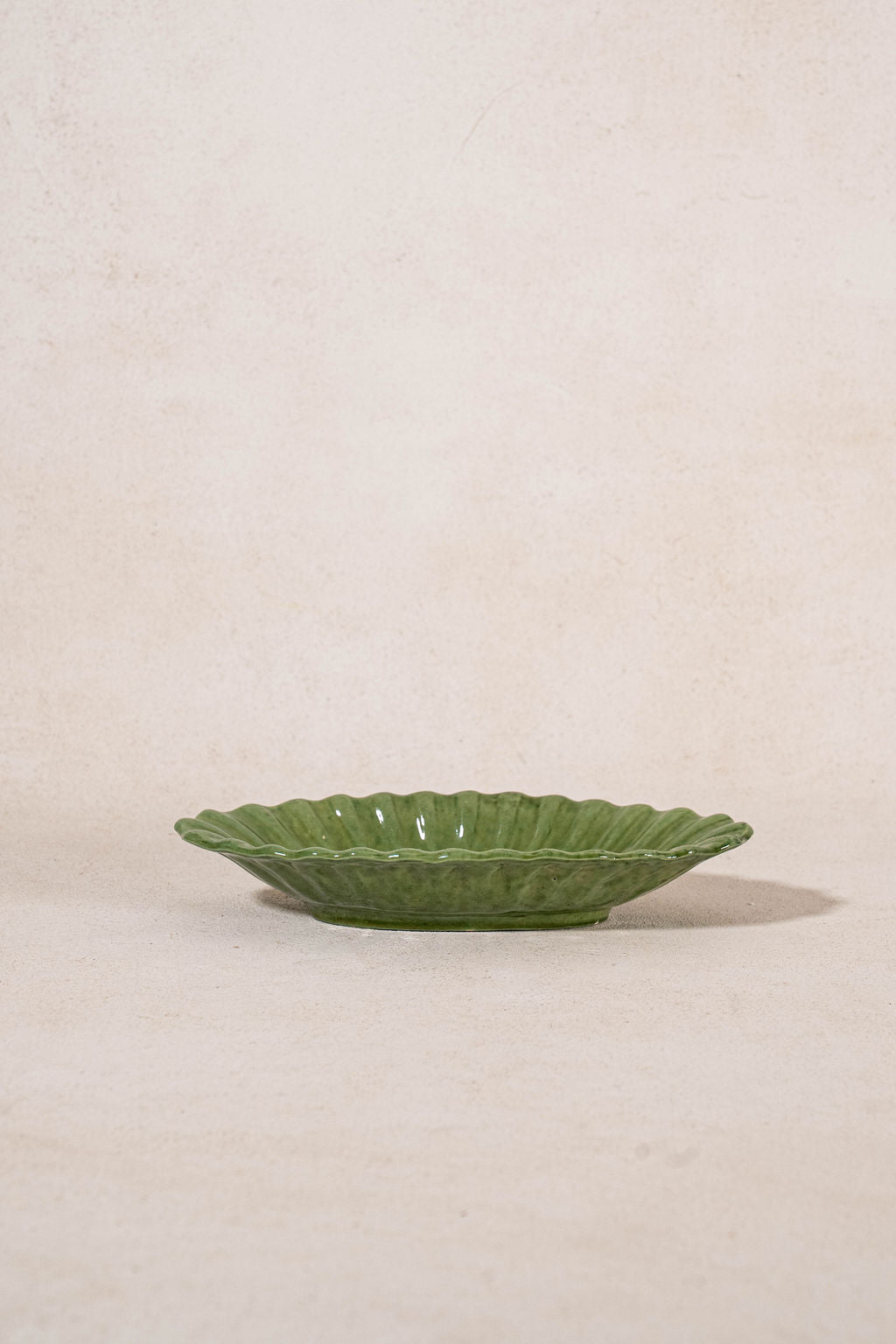 Antique Green Majolica Oblong Scalloped Dish