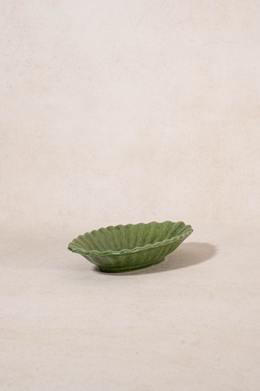 Antique Green Majolica Oblong Scalloped Dish