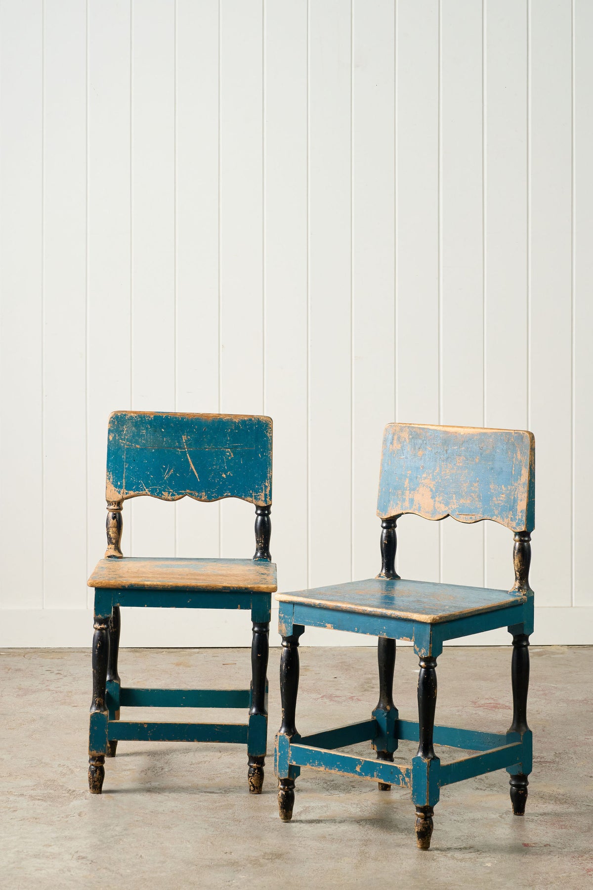 PAIR of 19th Century Scandinavian Scallop Backed Chairs with Original Blue Paint
