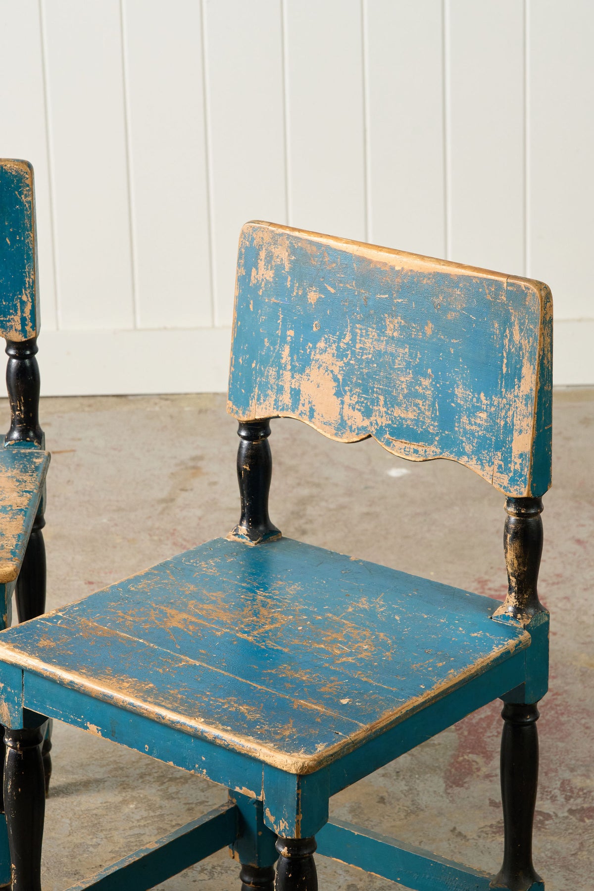 PAIR of 19th Century Scandinavian Scallop Backed Chairs with Original Blue Paint