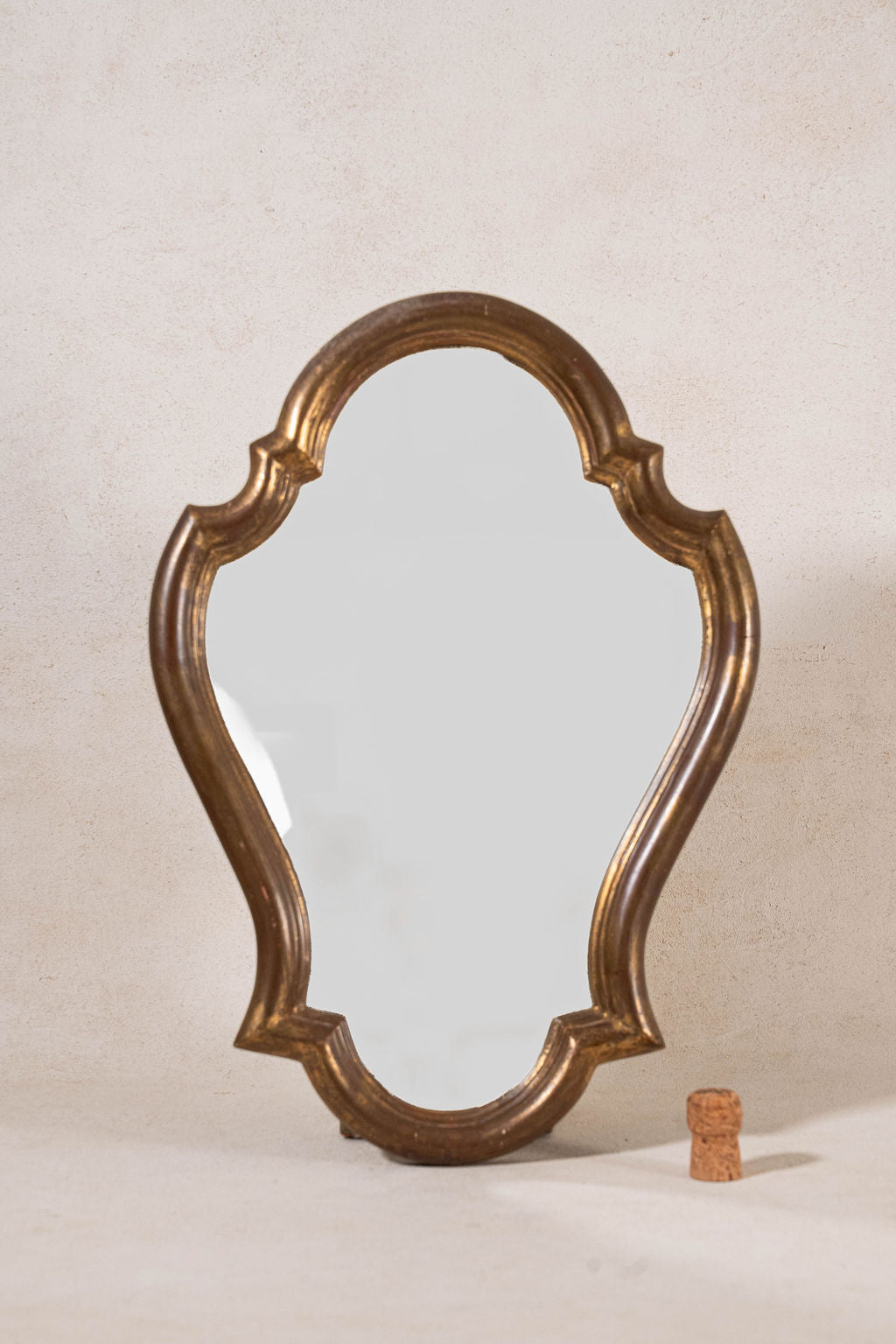Petite Vintage French Giltwood Mirror with Beveled, Scalloped Shape