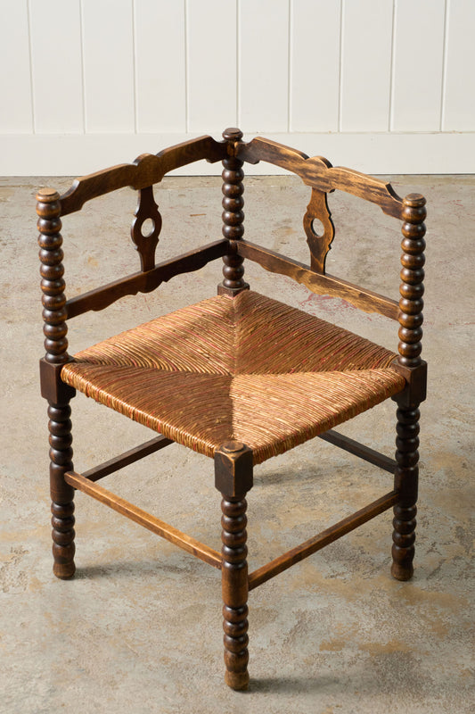 Antique French Corner Bobbin Chair with Splash of Red Rush Seat