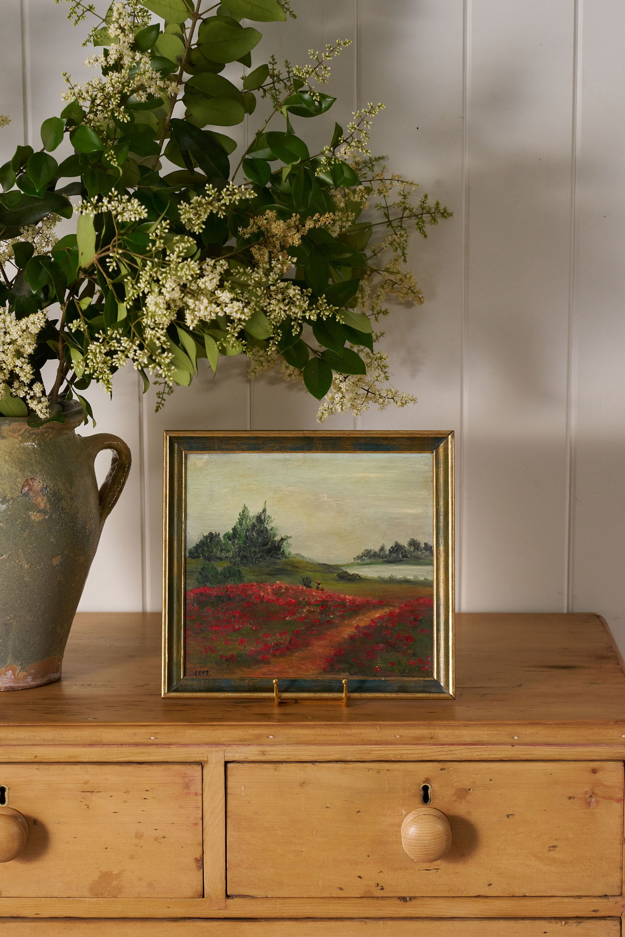 Early 20th Century Framed Oil on Board Landscape of Poppy Field (signed)