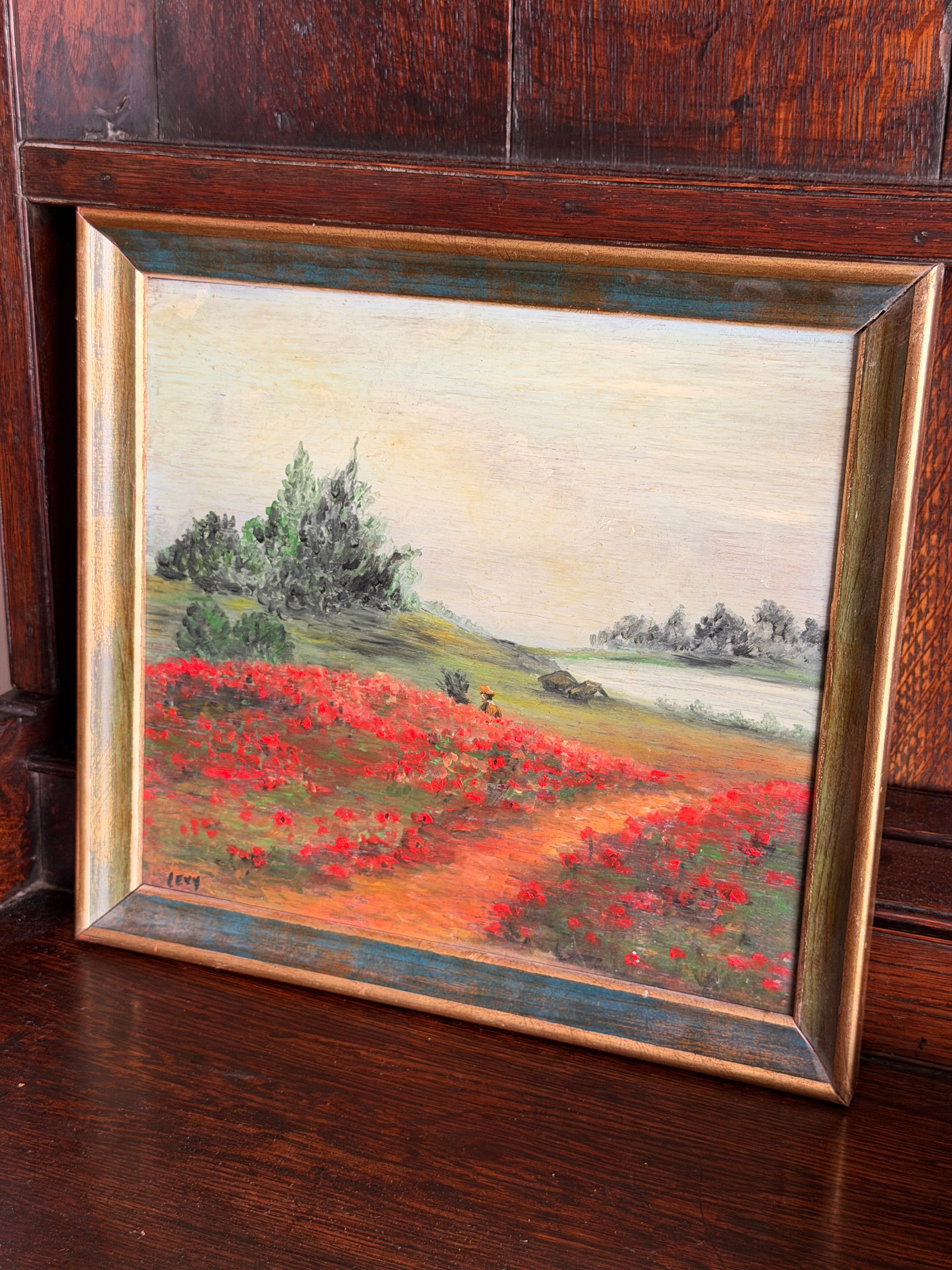 Early 20th Century Framed Oil on Board Landscape of Poppy Field (signed)