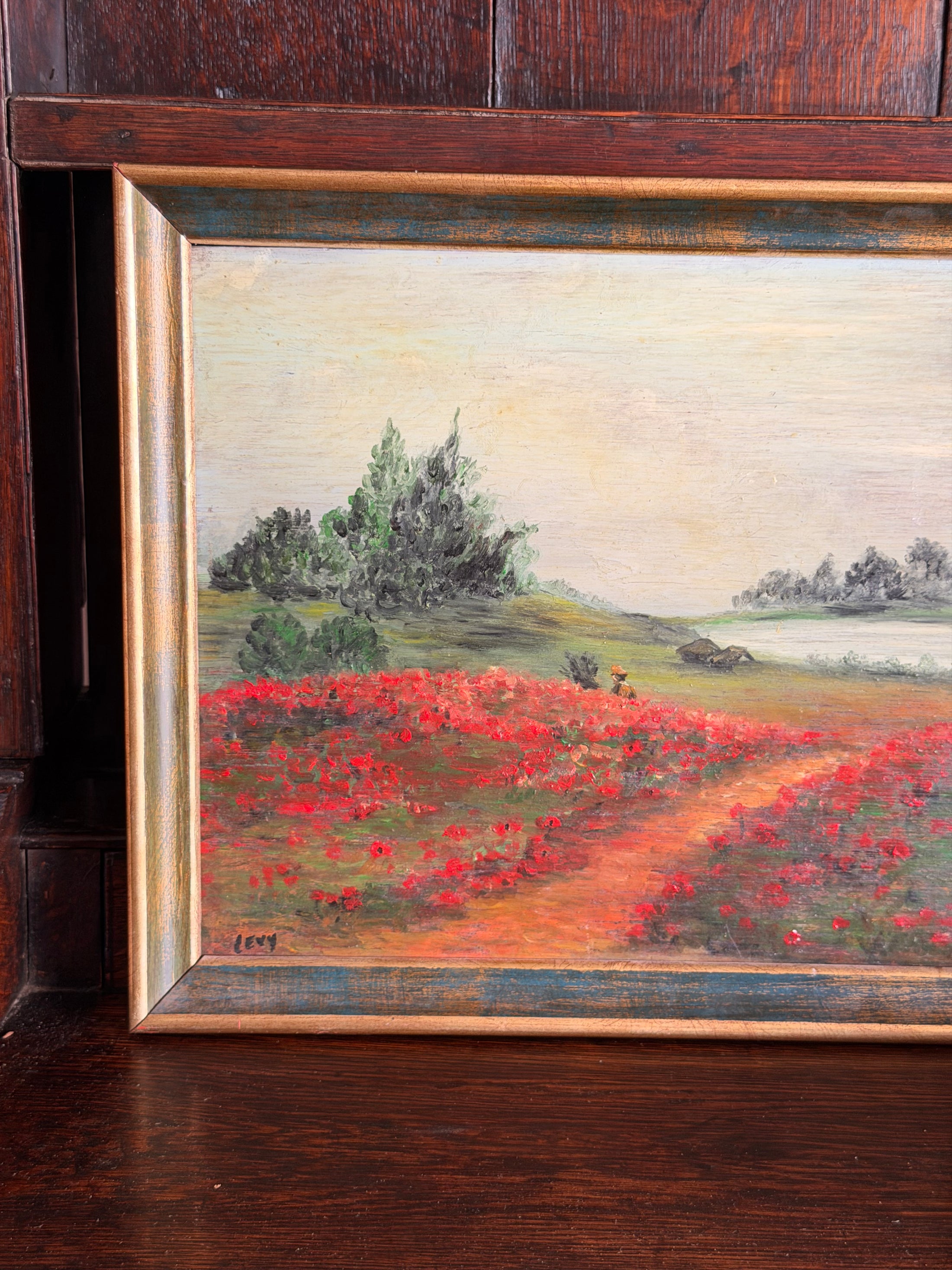 Early 20th Century Framed Oil on Board Landscape of Poppy Field (signed)