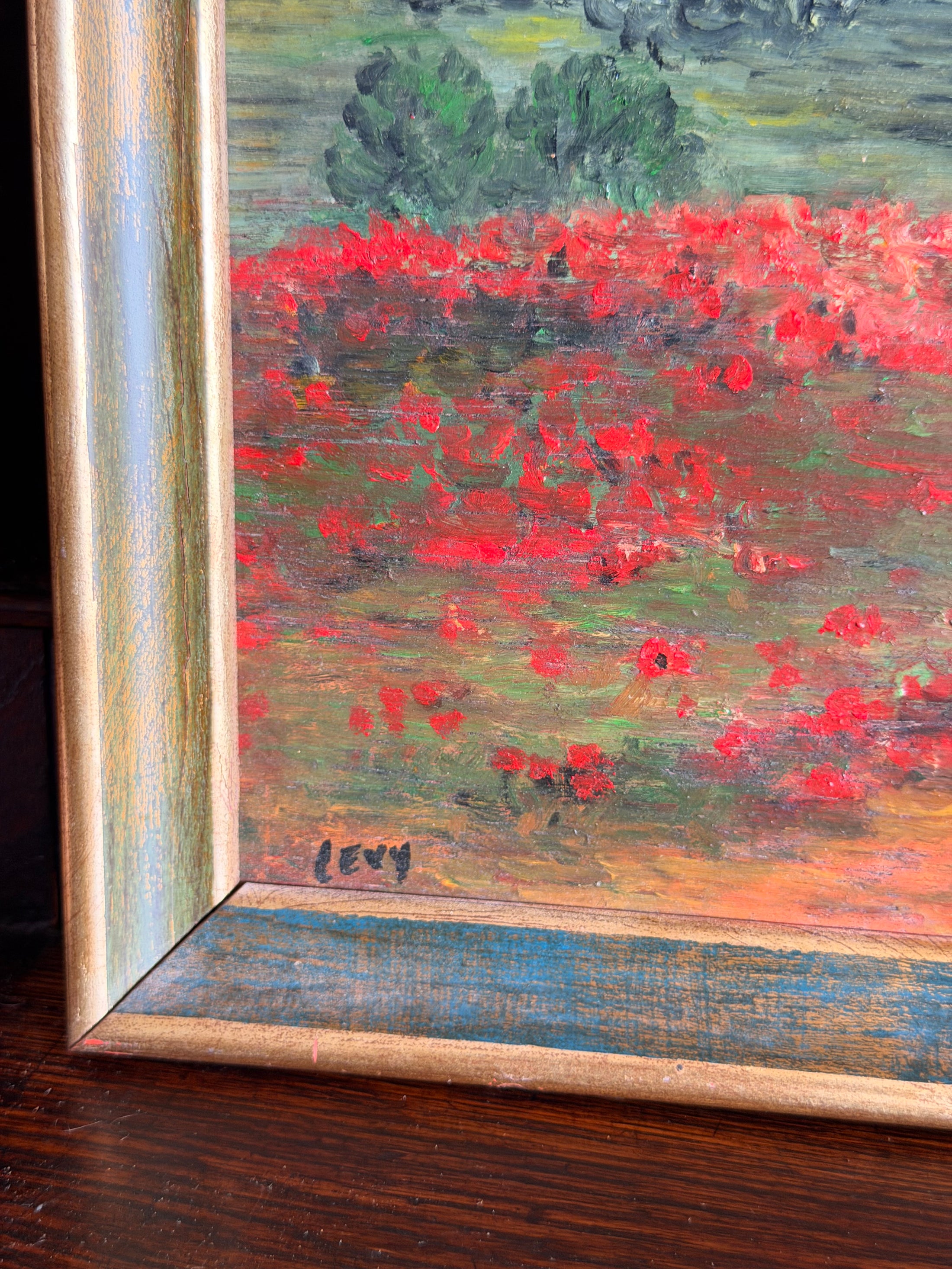 Early 20th Century Framed Oil on Board Landscape of Poppy Field (signed)