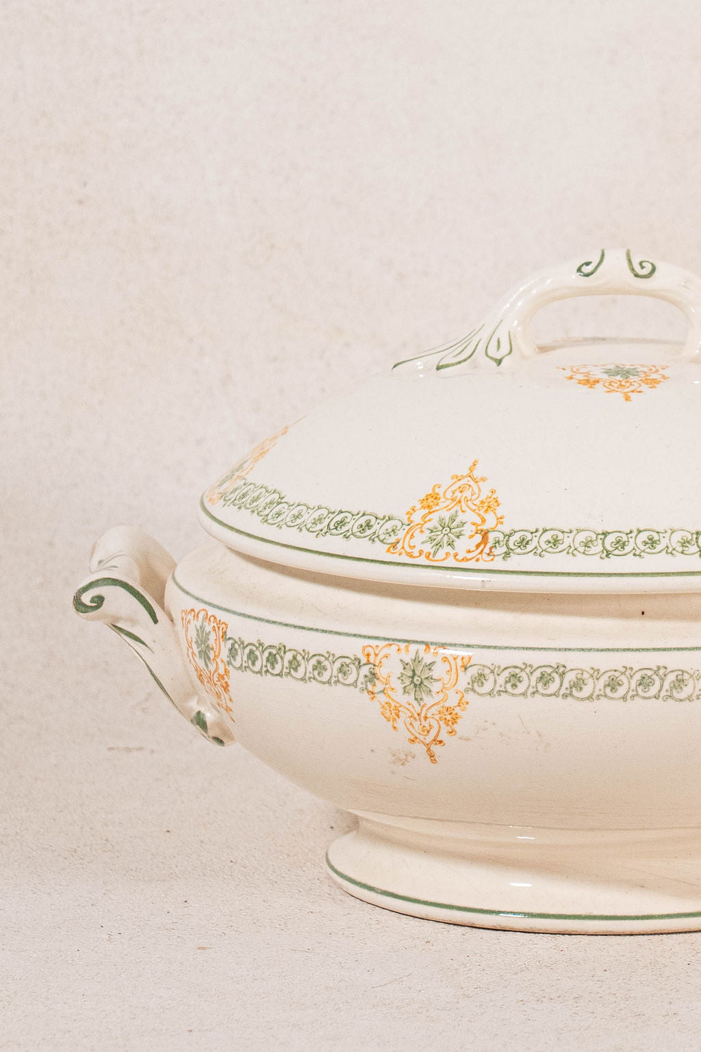 Antique French Ironstone Green & Yellow Ceramic Lidded Tureen