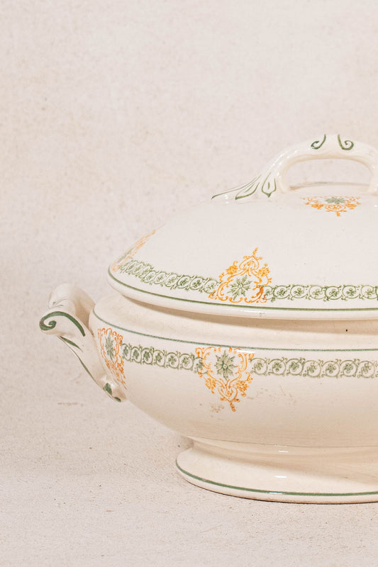 Antique French Ironstone Green & Yellow Ceramic Lidded Tureen