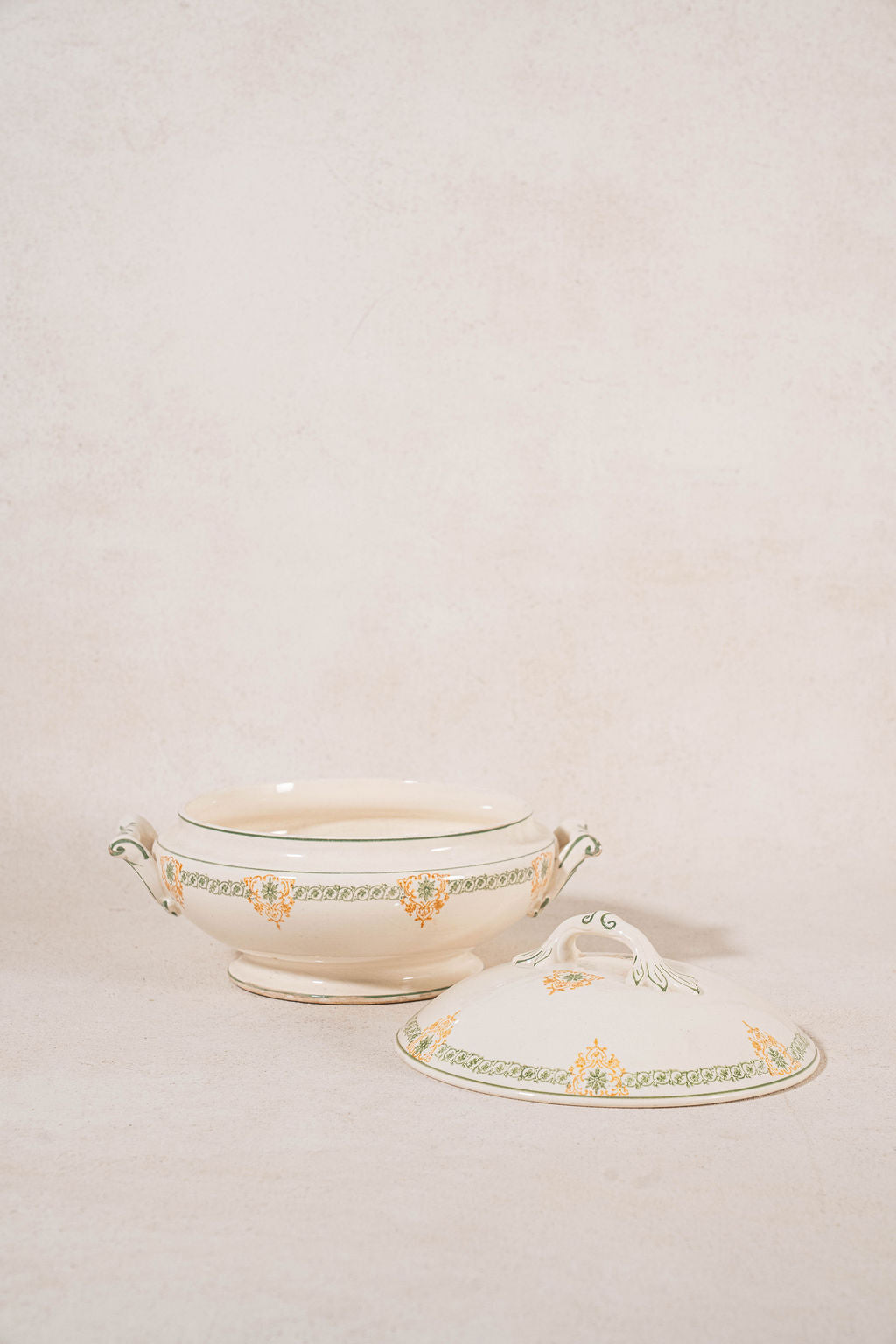 Antique French Ironstone Green & Yellow Ceramic Lidded Tureen