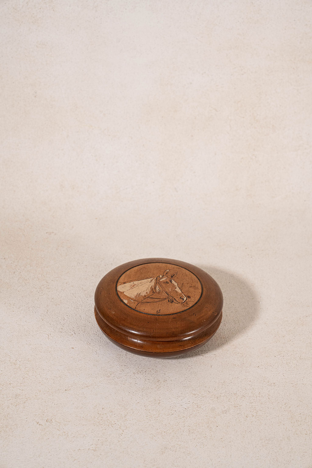 Vintage French Round Box with Hand Carved Horse Profile with Gouache