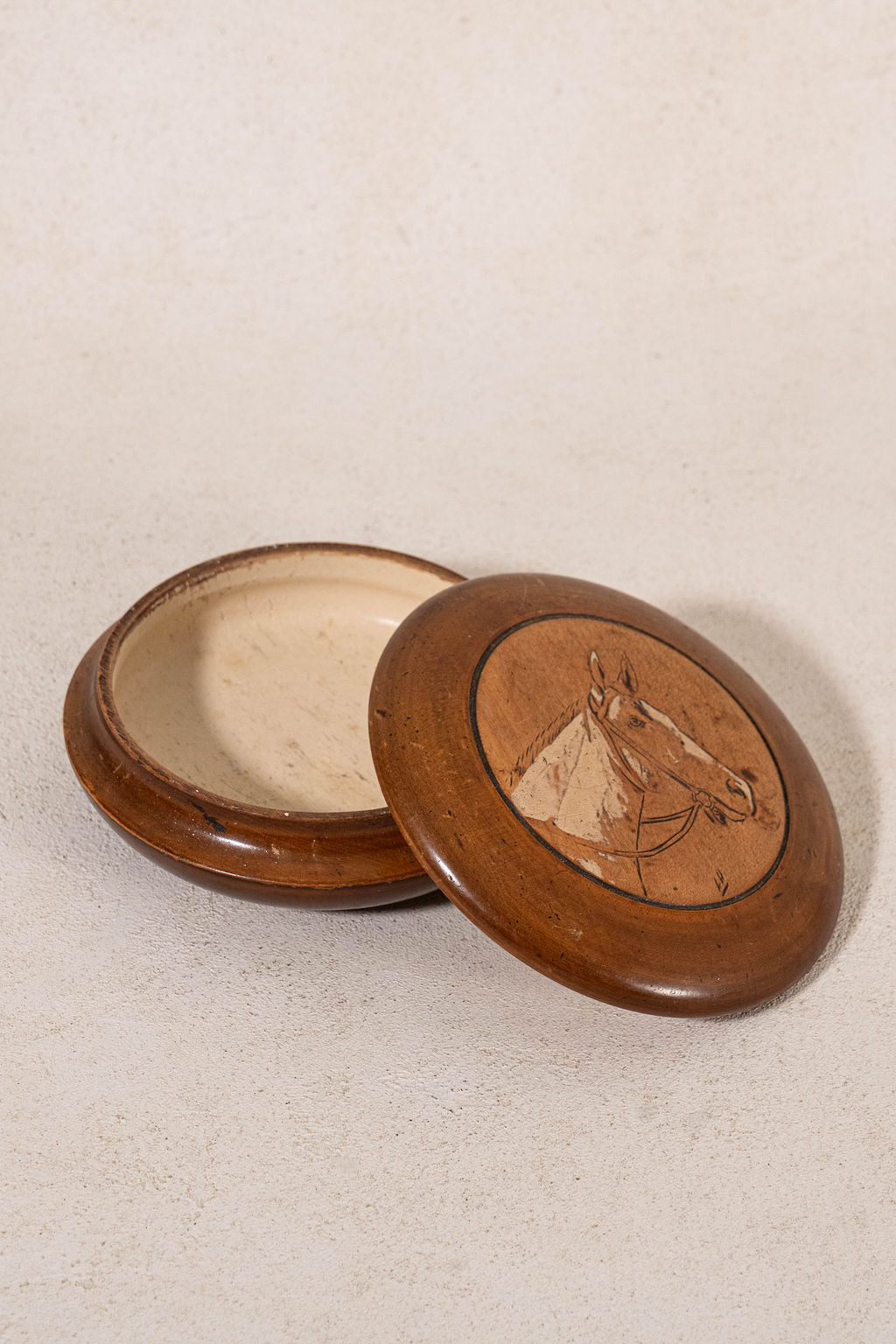Vintage French Round Box with Hand Carved Horse Profile with Gouache