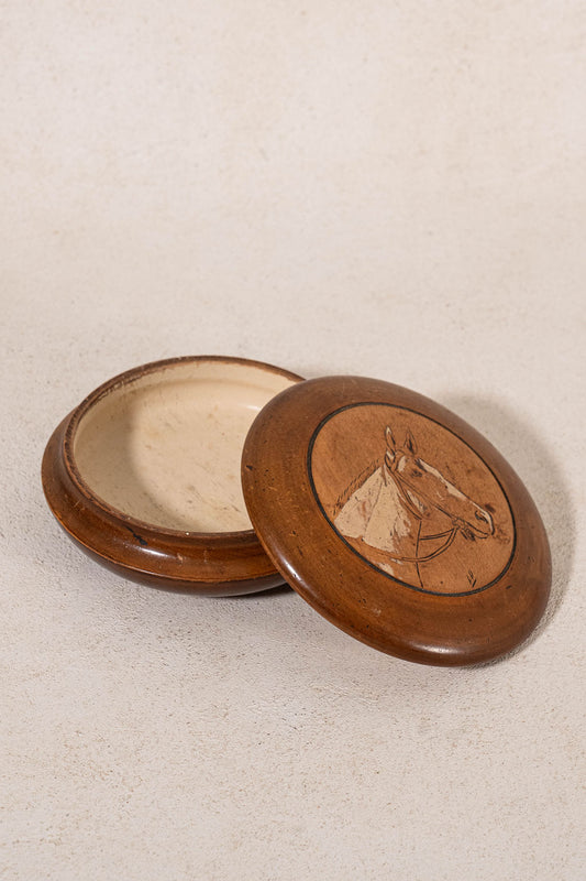 Vintage French Round Box with Hand Carved Horse Profile with Gouache